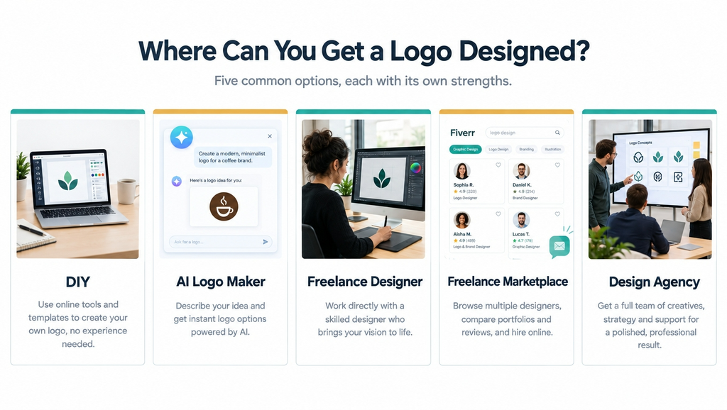 Different ways to get a logo designed including freelancers, Fiverr and agencies