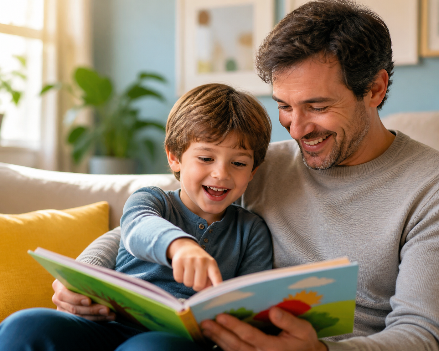 A parent reading an illustrated picture book with a young child