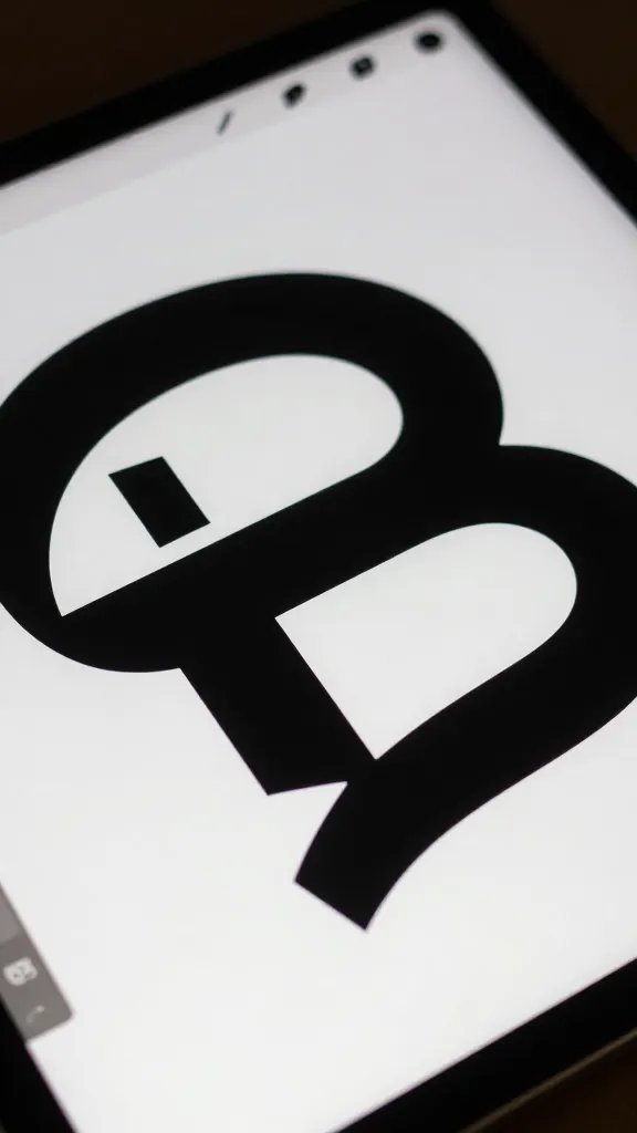 Closeup of a designer's tablet showing a bold logo concept