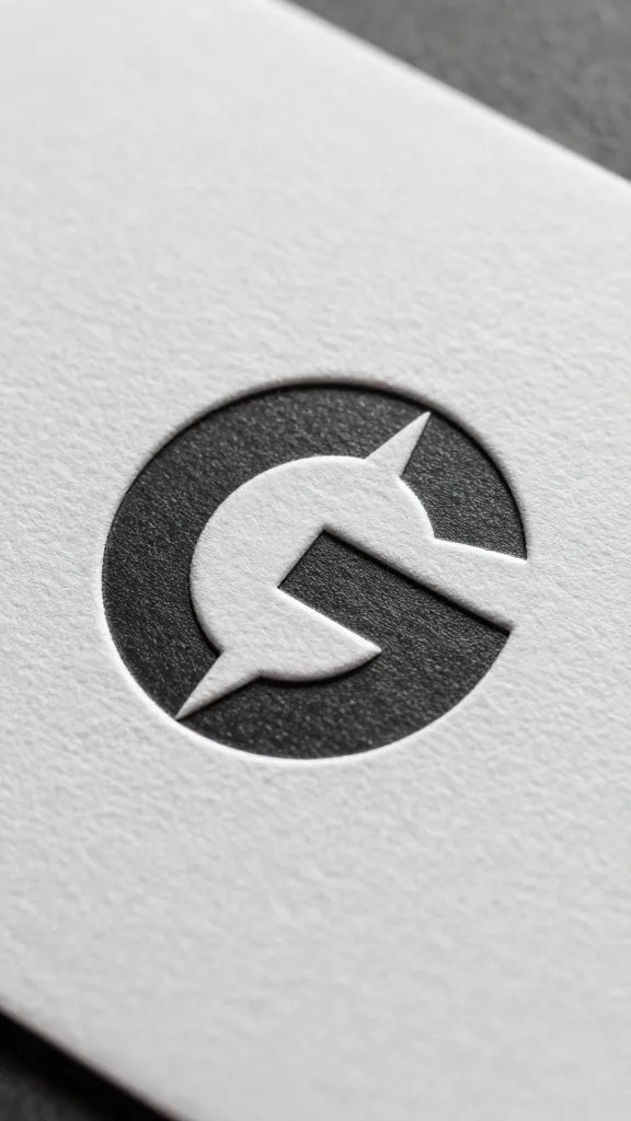 Closeup of a bold, modern logo engraved on a matte business card