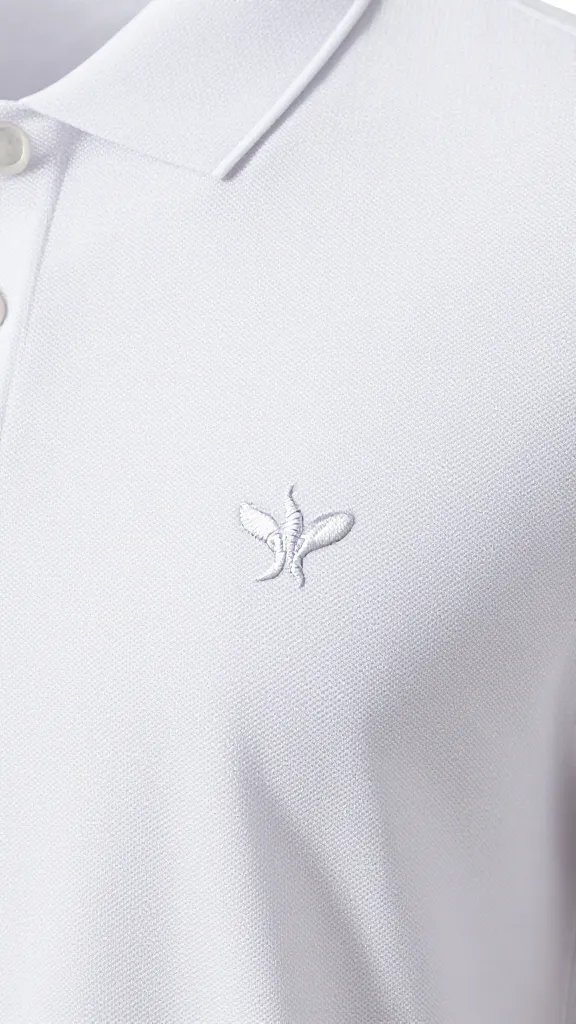Closeup of a crisp logo embroidered on a white polo shirt