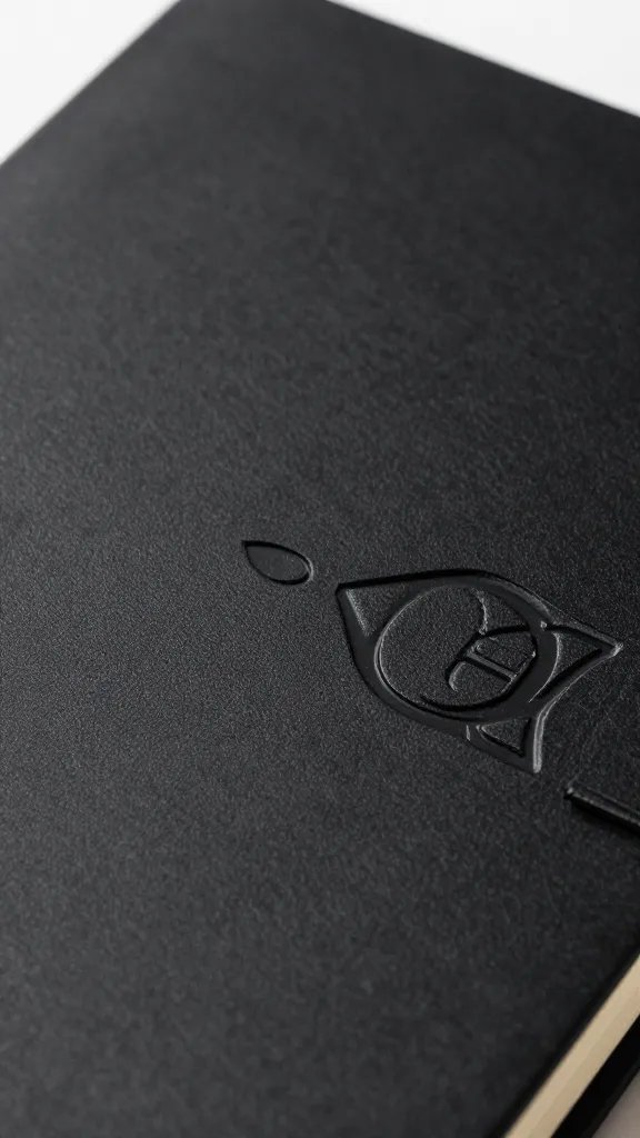 Closeup of a logo embossed on a black notebook cover