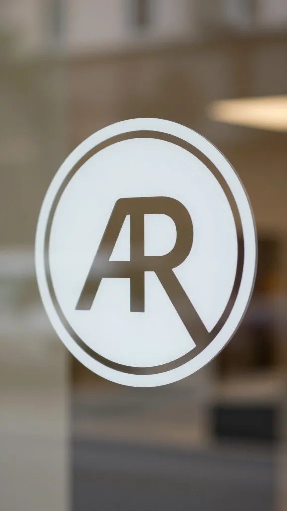 Closeup of a logo printed on a glass storefront window sticker