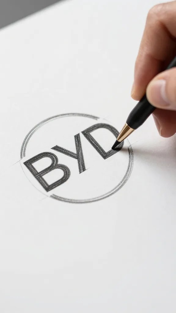 Closeup of a designer’s hand sketching a logo on branding board