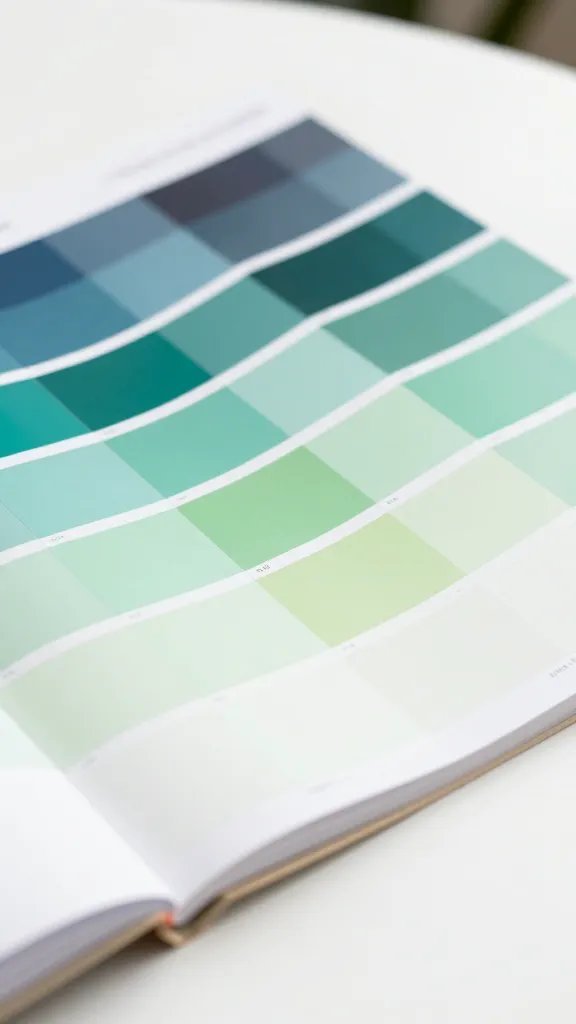 Closeup of a brand color swatch book on white desk