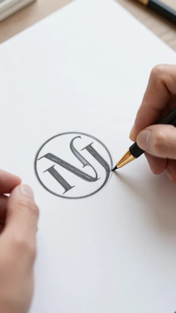 Closeup of a designer's hands sketching logo draft on paper