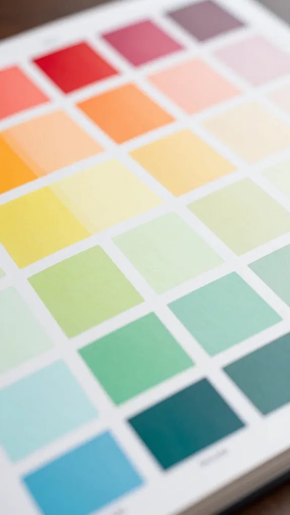 Closeup of a color swatch book open to brand palette page