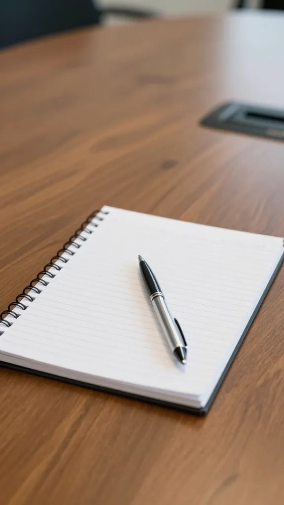 Closeup of a conference table with a solitary strategy notebook and pen