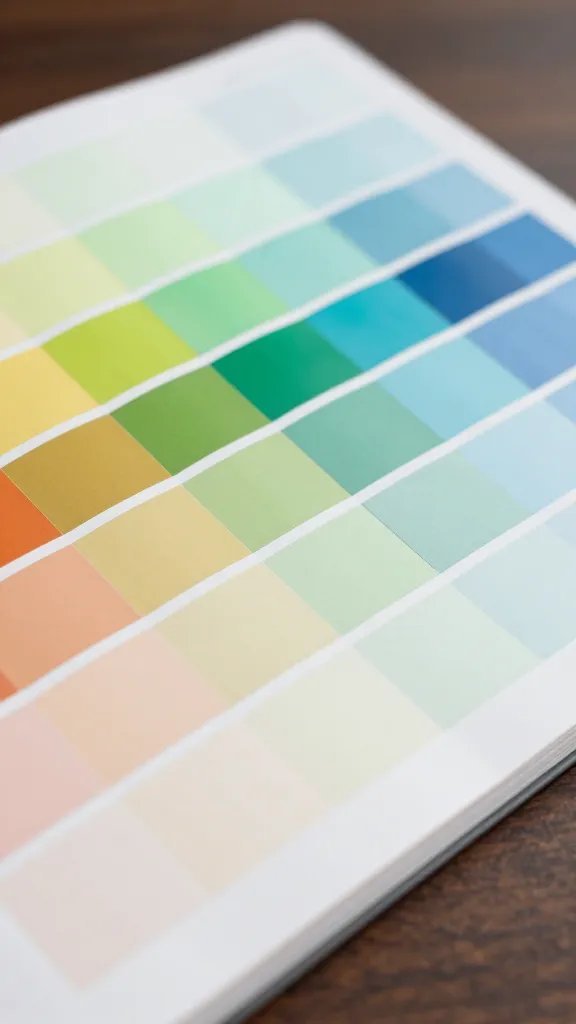 Closeup of a color swatch book fanned open on desk
