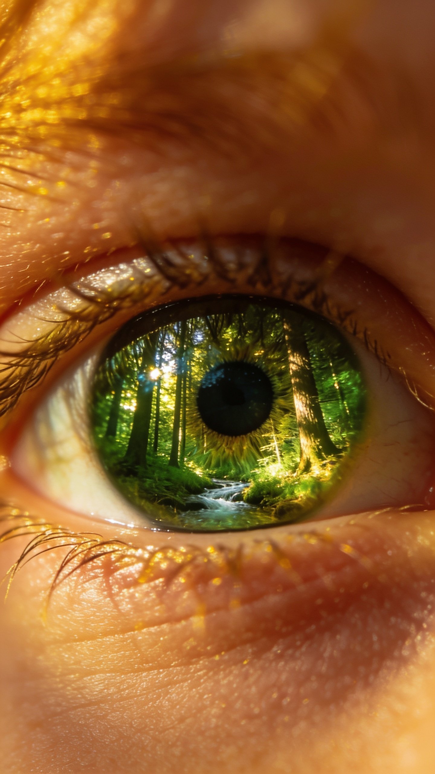 Closeup of a curious child’s eye reflecting a forest