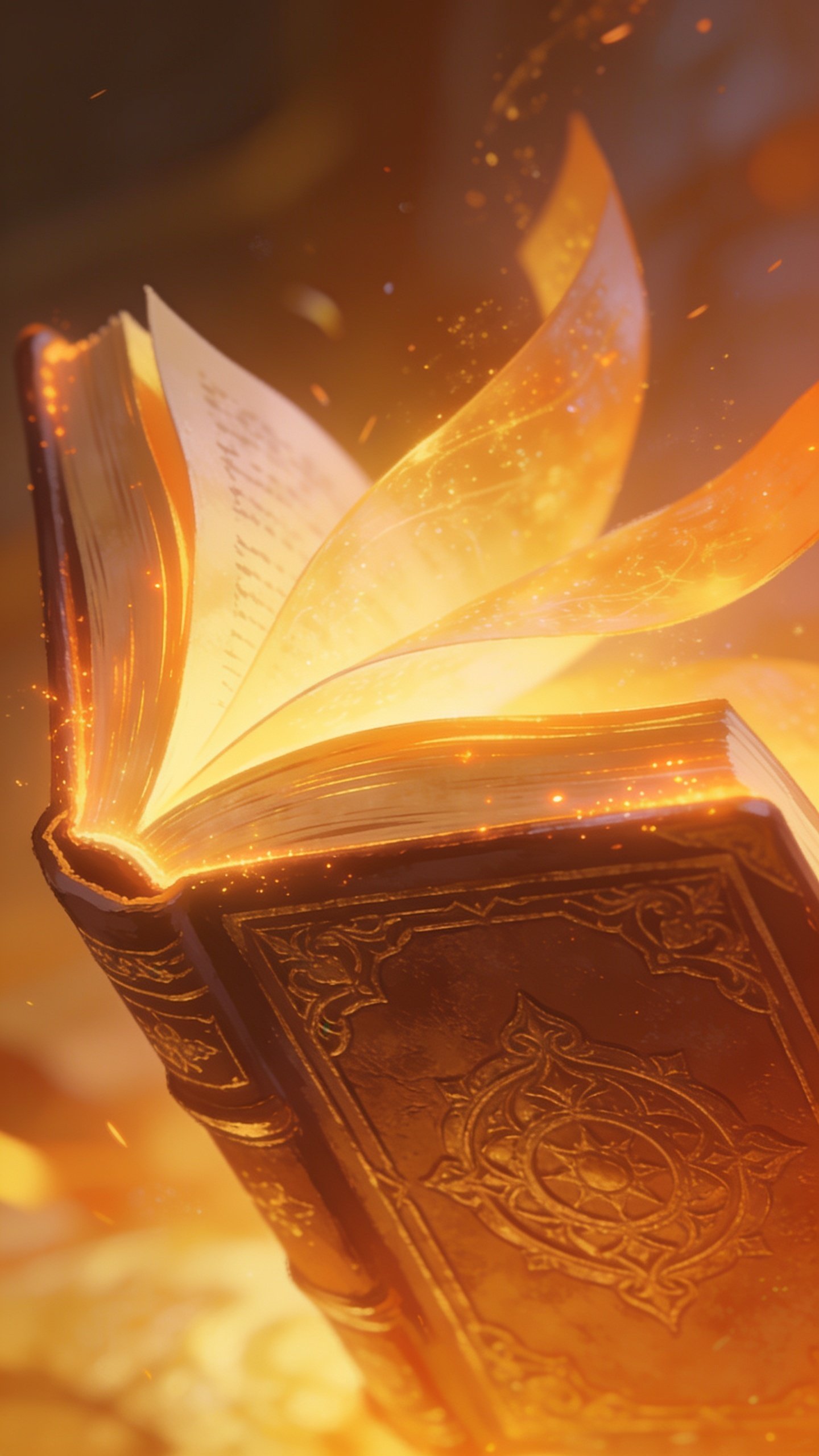 Closeup of a glowing magic book with pages fluttering