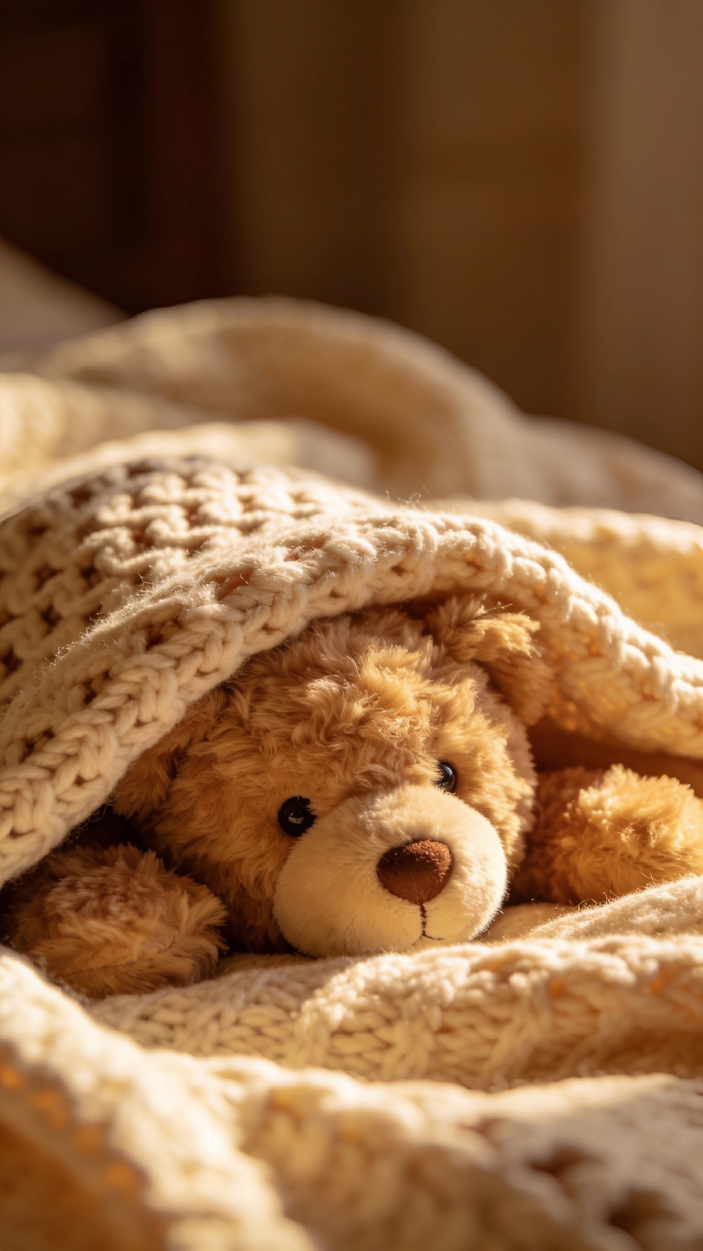 Closeup of a cozy teddy bear under a warm blanket