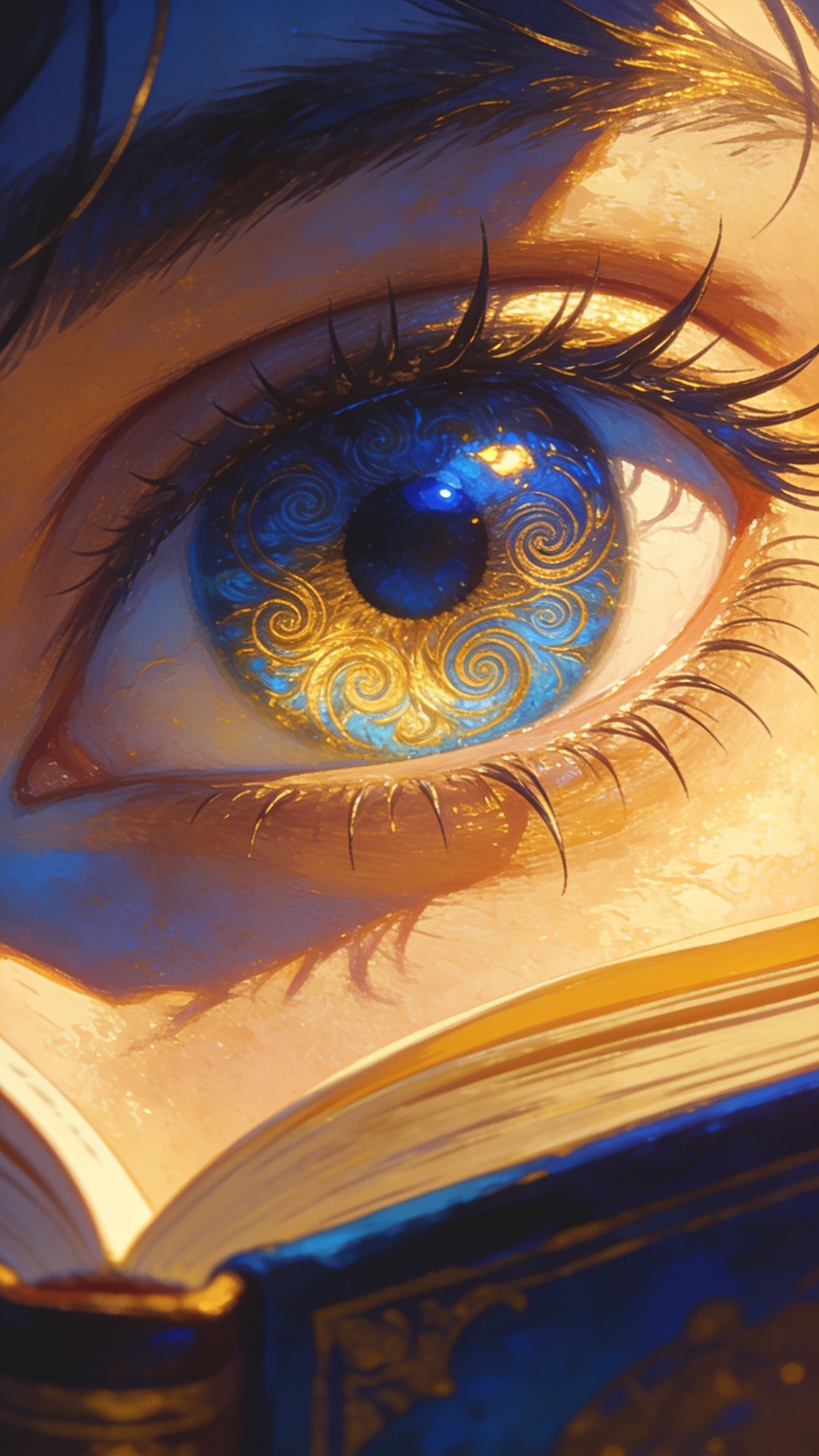 closeup of a single book character’s expressive eye with color cue