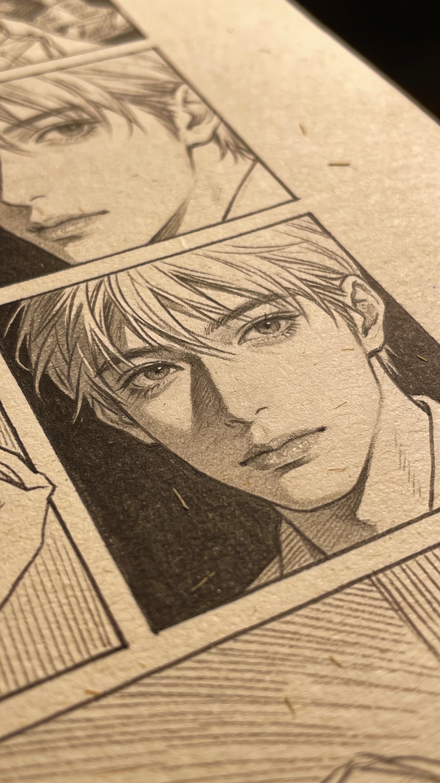 closeup of a single storyboarded moment on textured paper